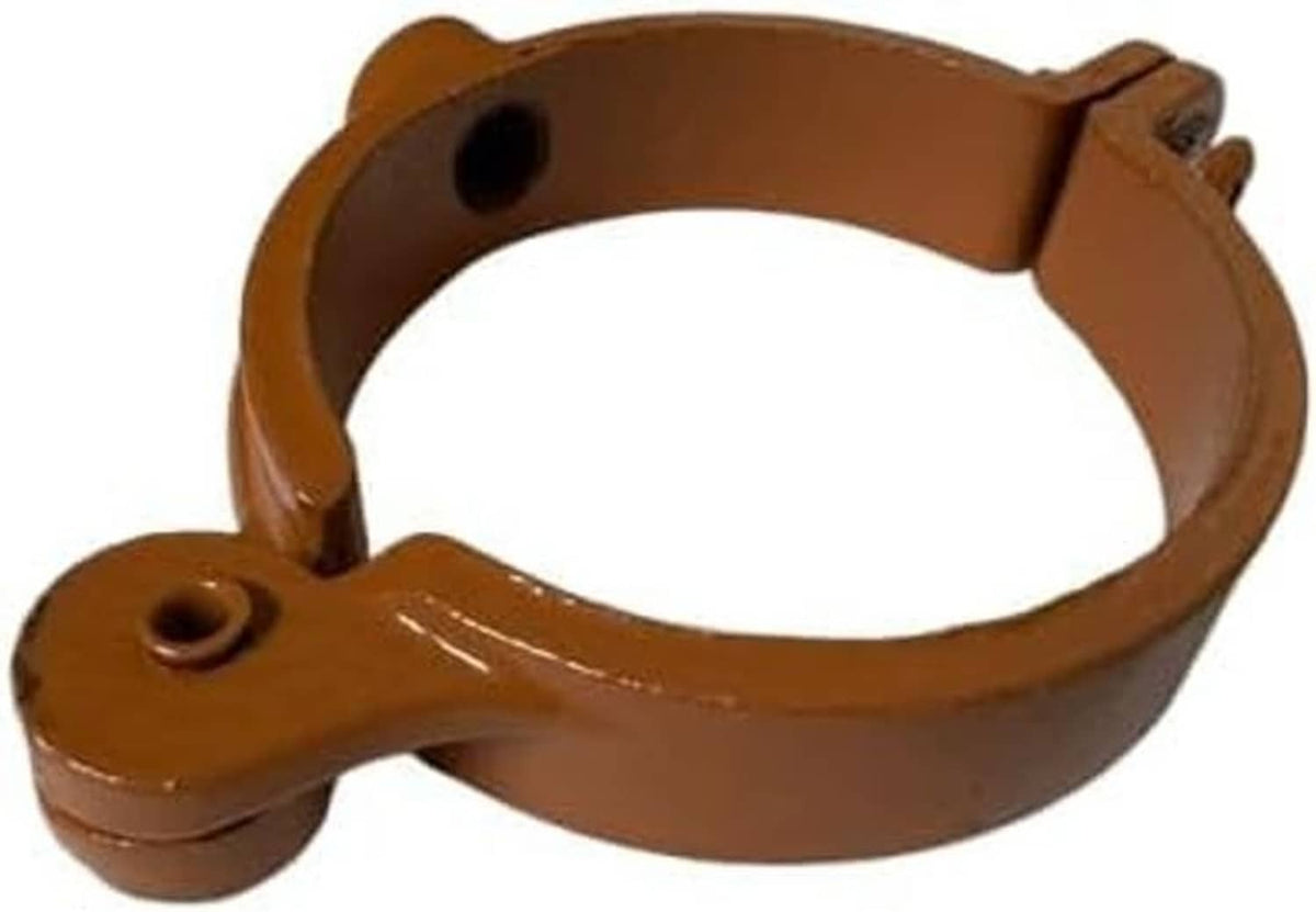 Copper epoxy hinged split-ring pipe hanger clamp, open ring with hinge arm