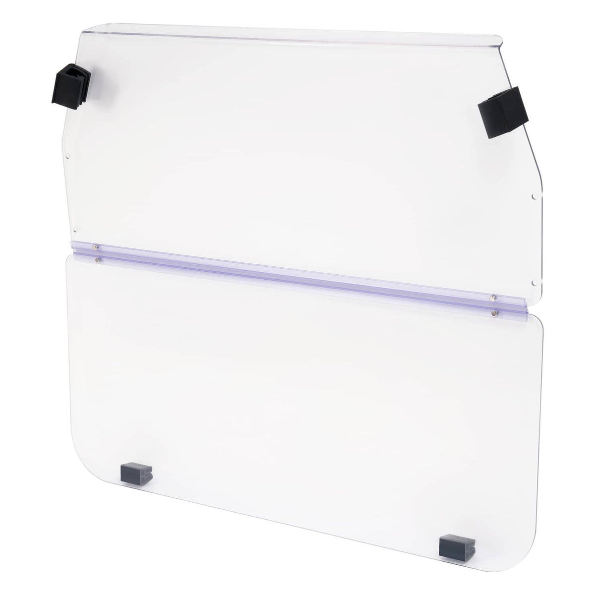 Clear vented windshield with black corner mounts and purple-tinted horizontal divider bar