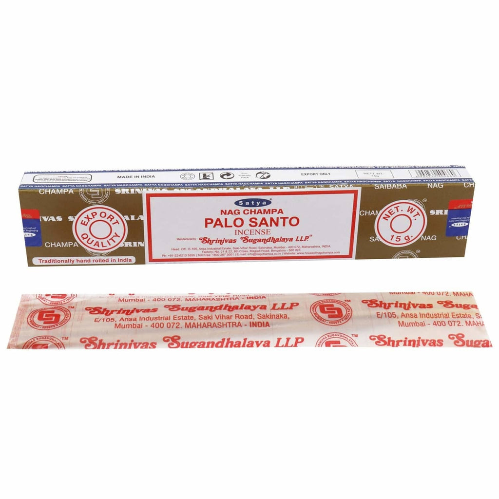 Palo Santo incense sticks box laid flat, Satya label with red strip