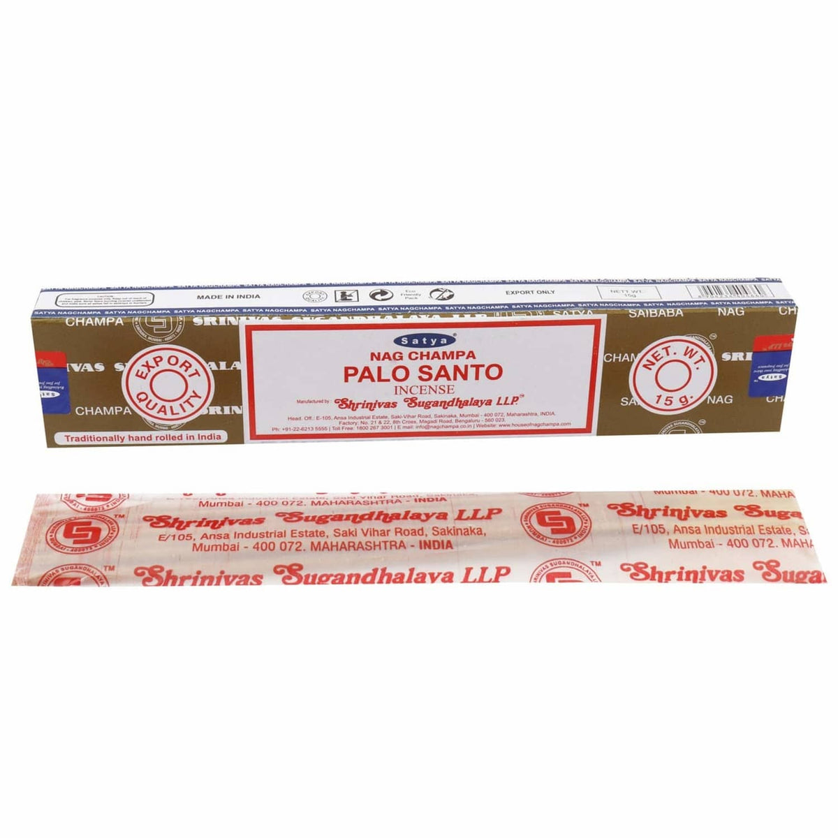 Palo Santo incense sticks box laid flat, Satya label with red strip