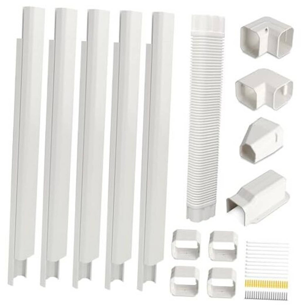Mini split line set cover kit with white PVC duct sections and corner connector pieces