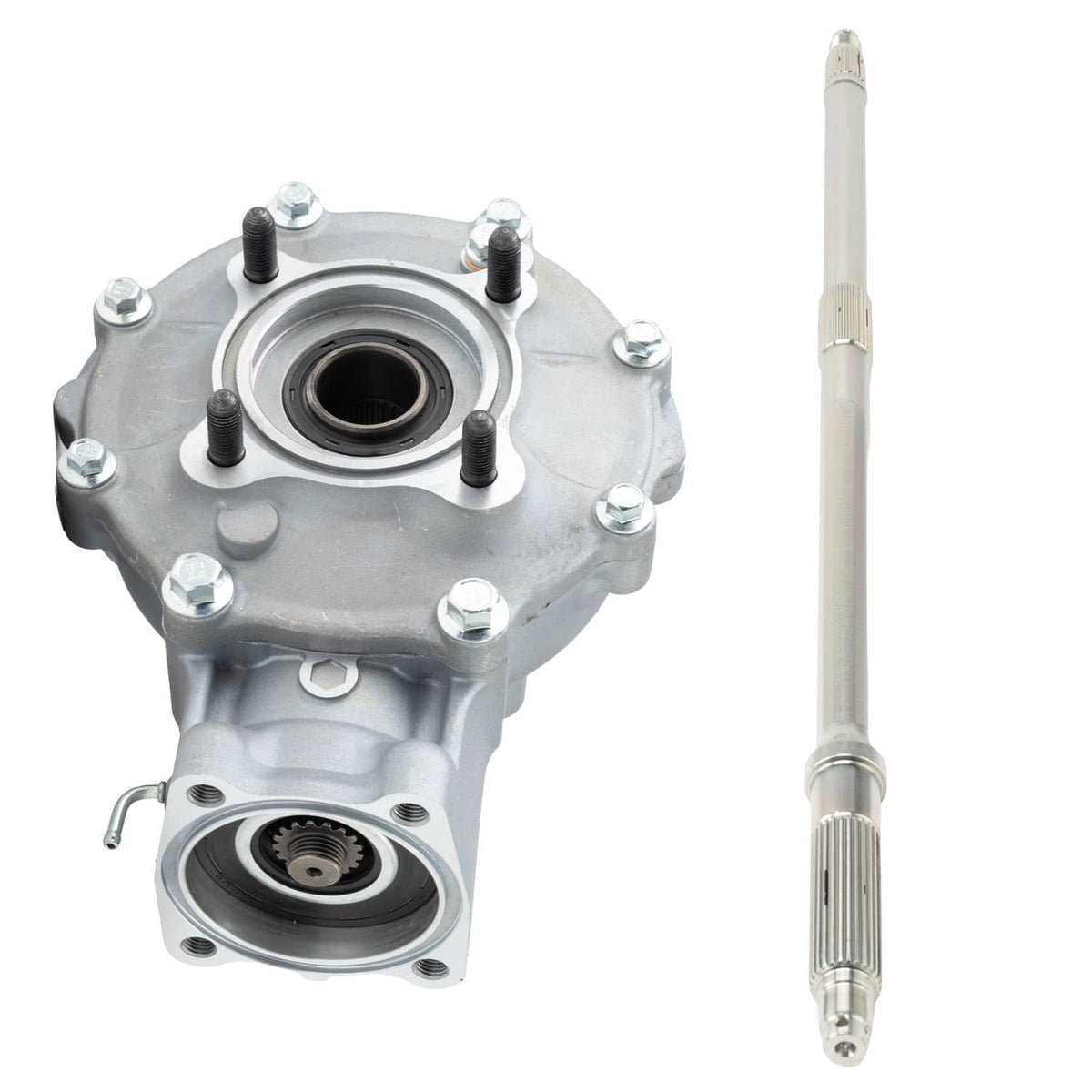 Differential hub housing with axle shaft, silver metal, bolt heads visible