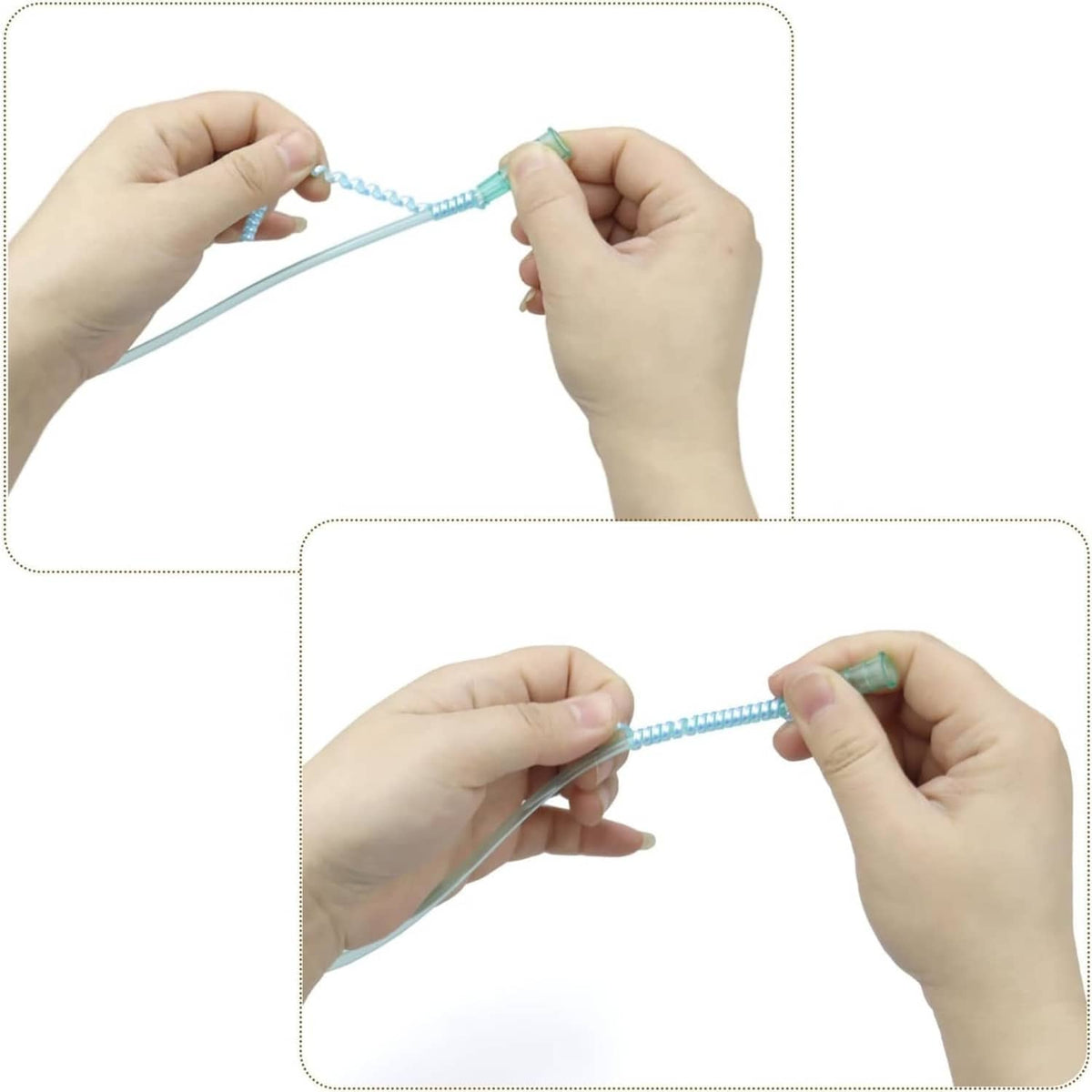 Hands attaching a blue PVC crimp straightener to oxygen nasal cannula tubing