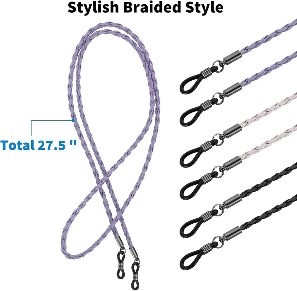 Braided eyeglass chain set: purple, white, and black cords with clasp ends
