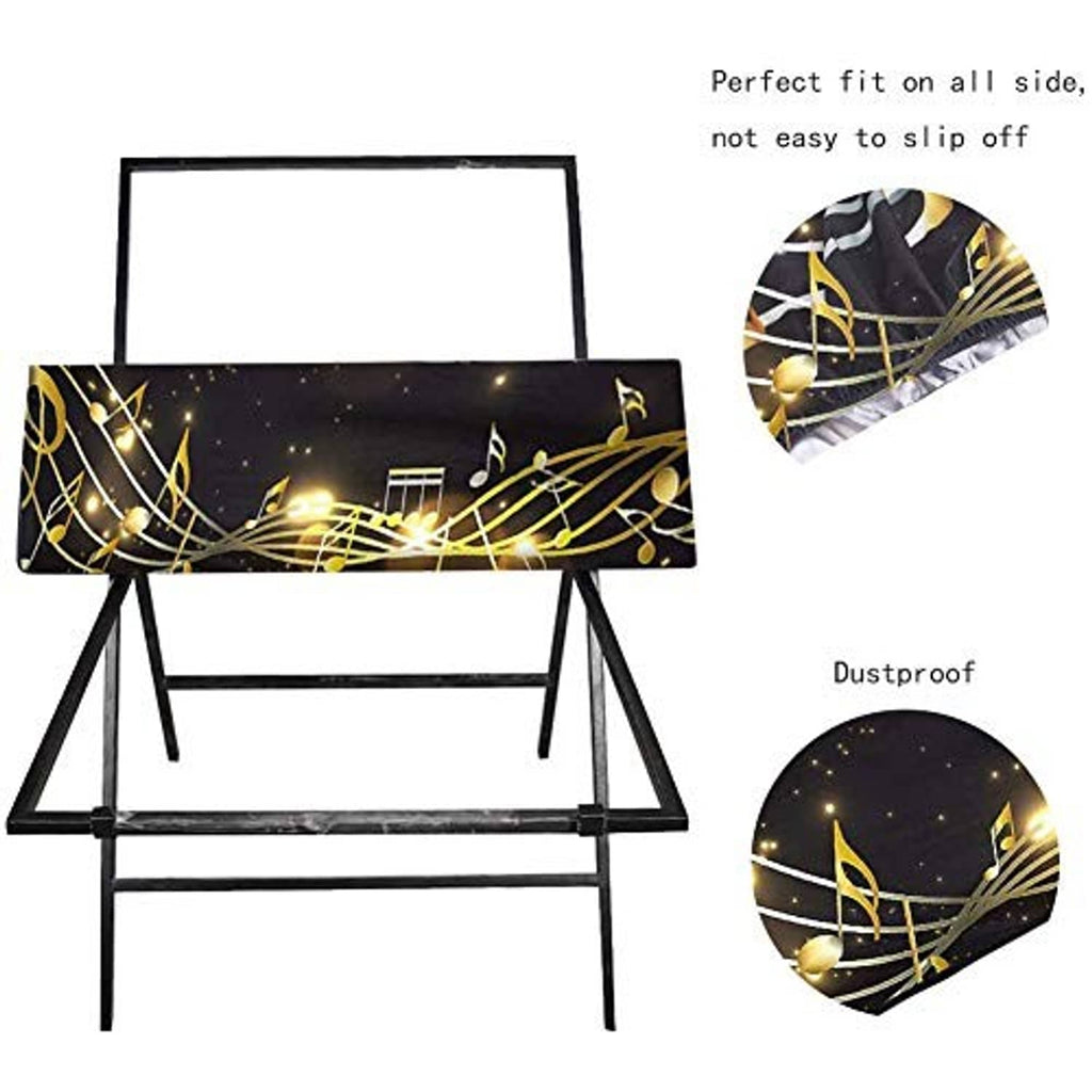 Elastic piano keyboard dust cover in dark fabric with gold musical notes design