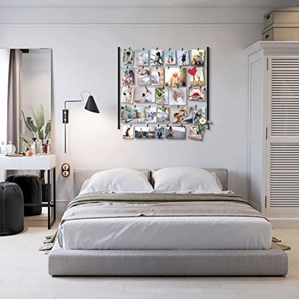 Black solid wood collage picture display with clothespins and assorted photo cards