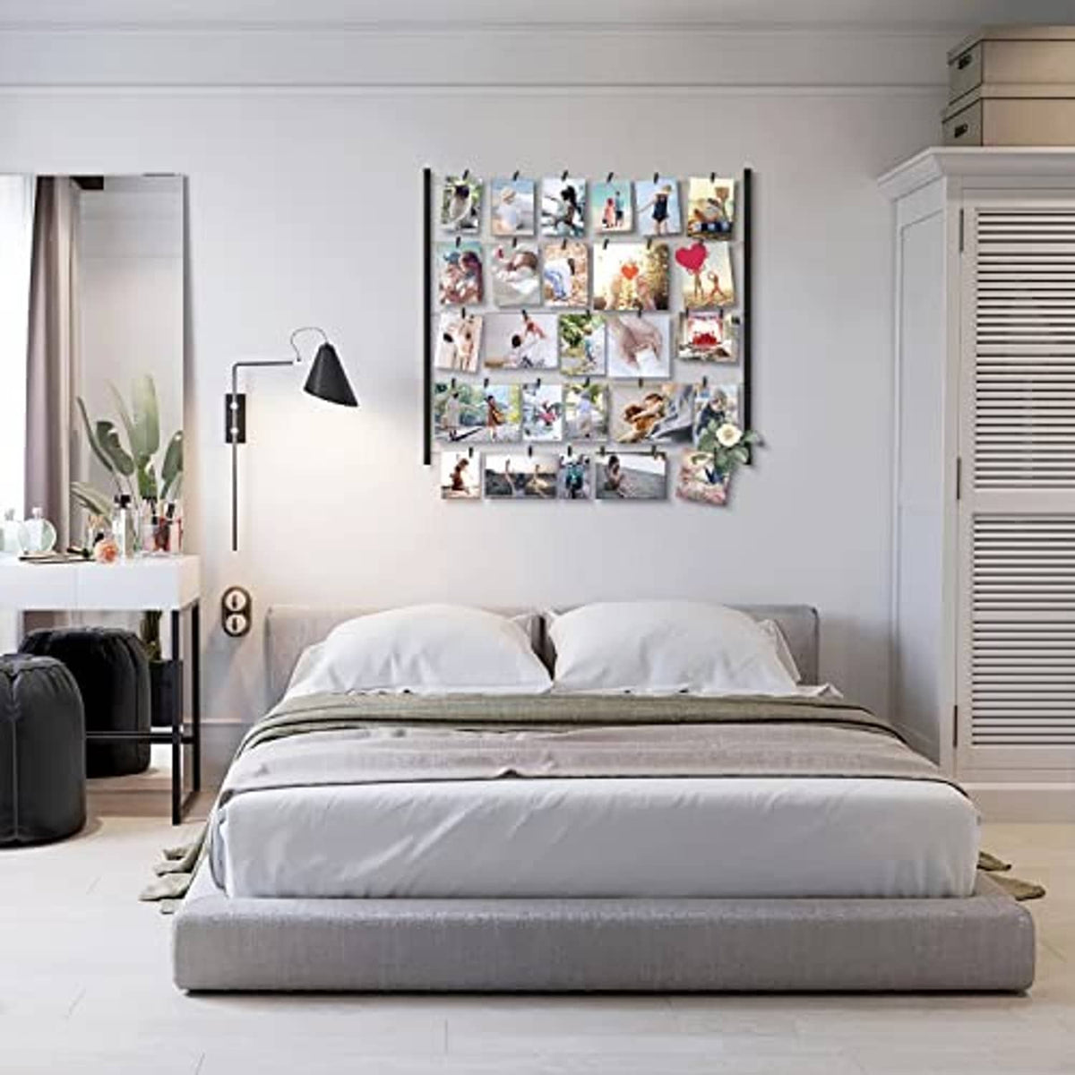 Black solid wood collage picture display with clothespins and assorted photo cards