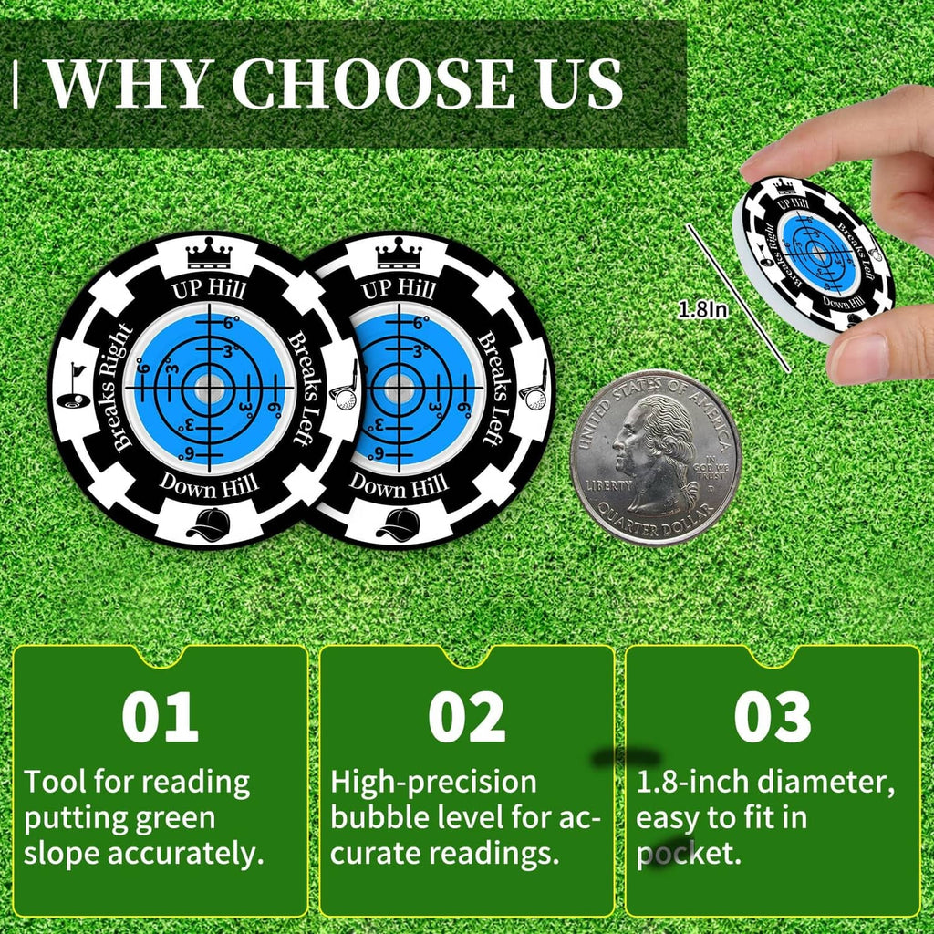 Two golf bubble ball markers with blue level dials on grass