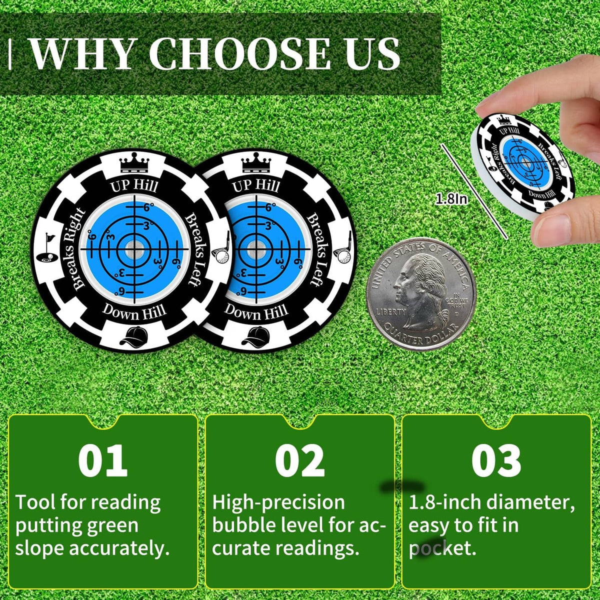 Two golf bubble ball markers with blue level dials on grass