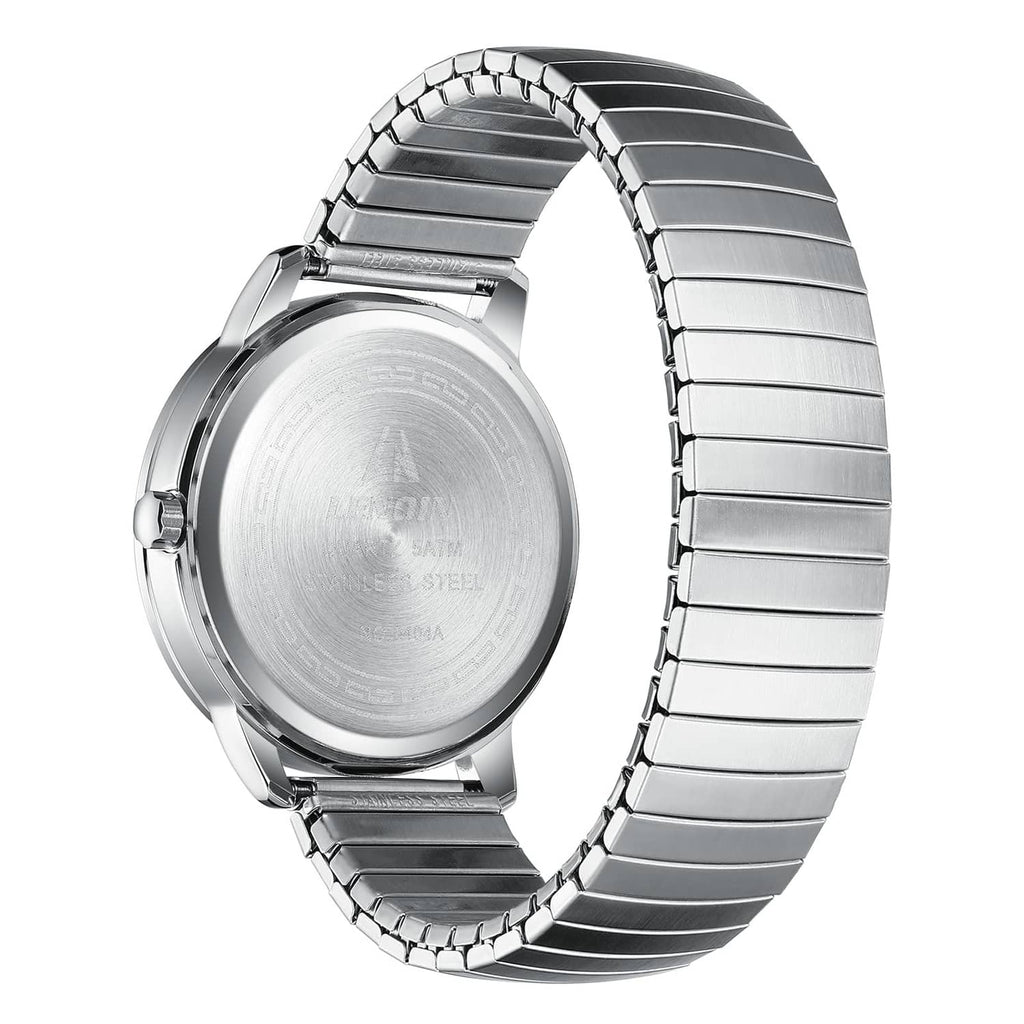 Mens analog sport watch back case with silver stainless-steel link bracelet