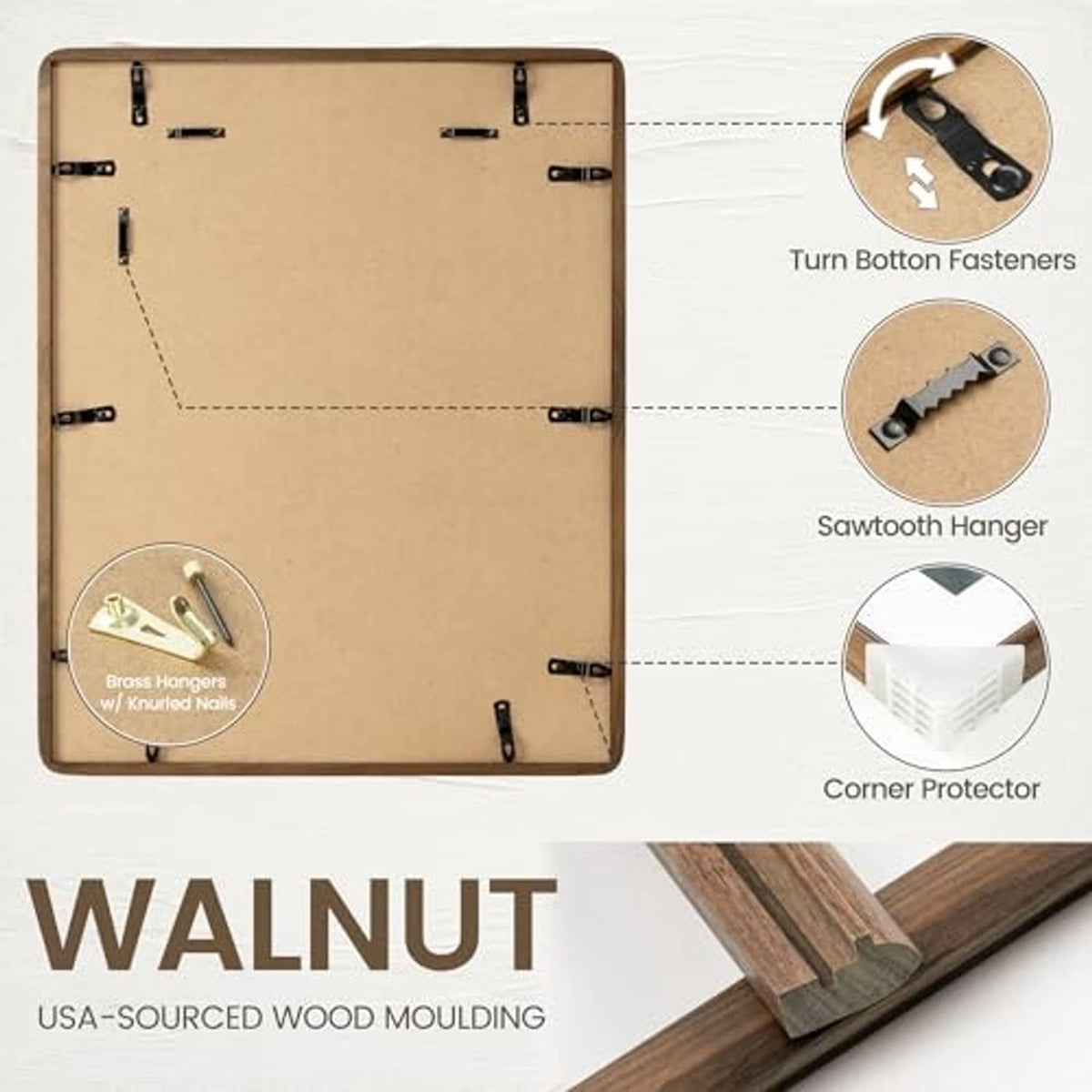 Walnut picture frame back showing sawtooth hanger, corner protectors, and button fasteners