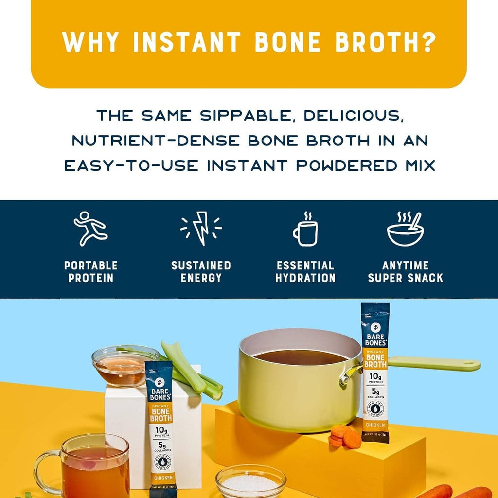 Instant bone broth powder packet with mug and icons for portable protein and hydration