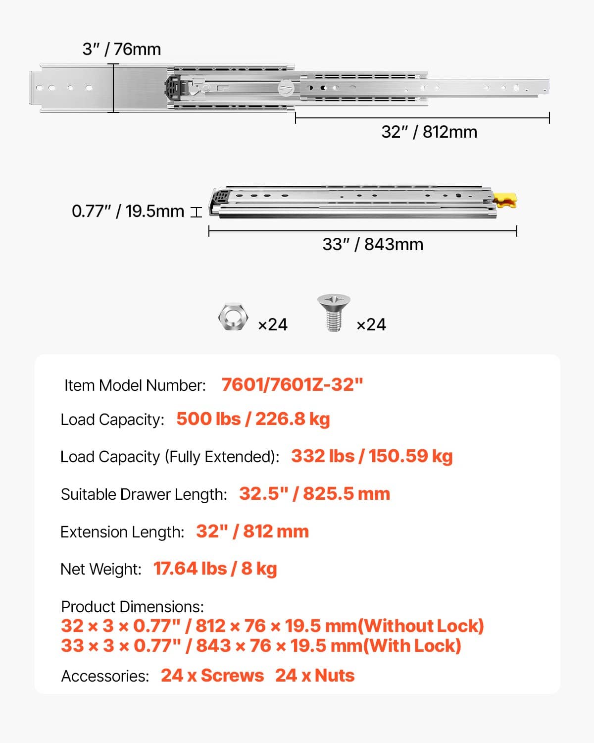 32 in drawer slide dimension diagram with mounting screws and lockable rails