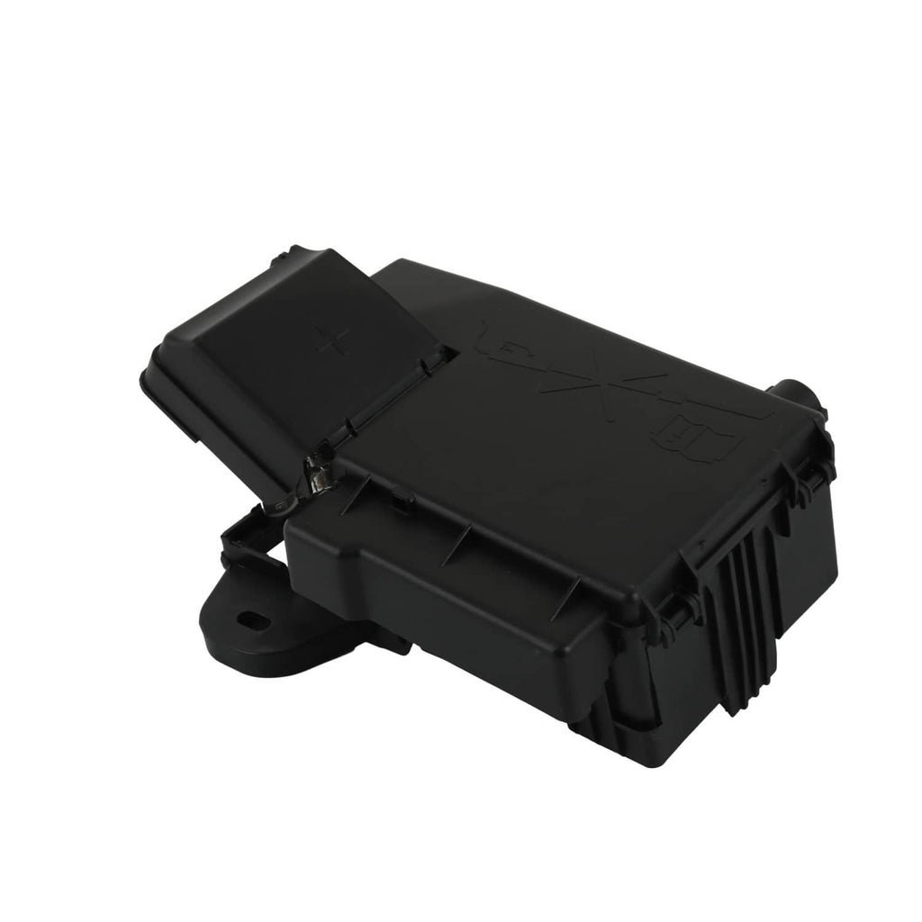 Black fuse block terminal cover with latch clips and molded mounting base