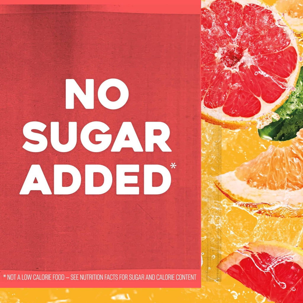 No sugar added text on grapefruit juice label with citrus fruit images