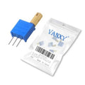 Blue multi-turn adjustable potentiometer with gold threaded shaft and 3 pins, in packet