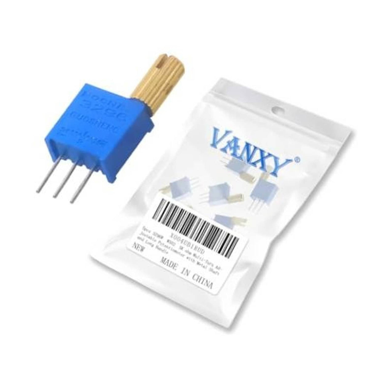 Blue multi-turn adjustable potentiometer with gold threaded shaft and 3 pins, in packet