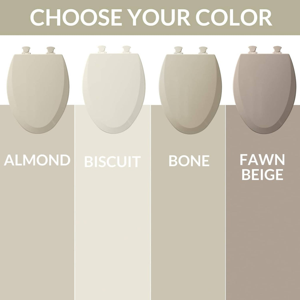 Round toilet seat color swatches in almond and other beige tones
