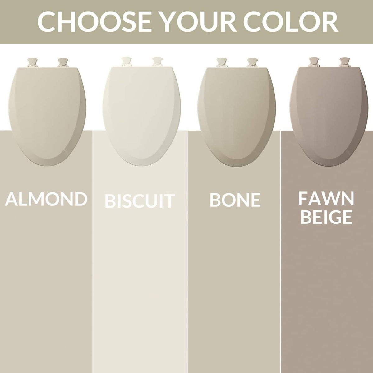 Round toilet seat color swatches in almond and other beige tones