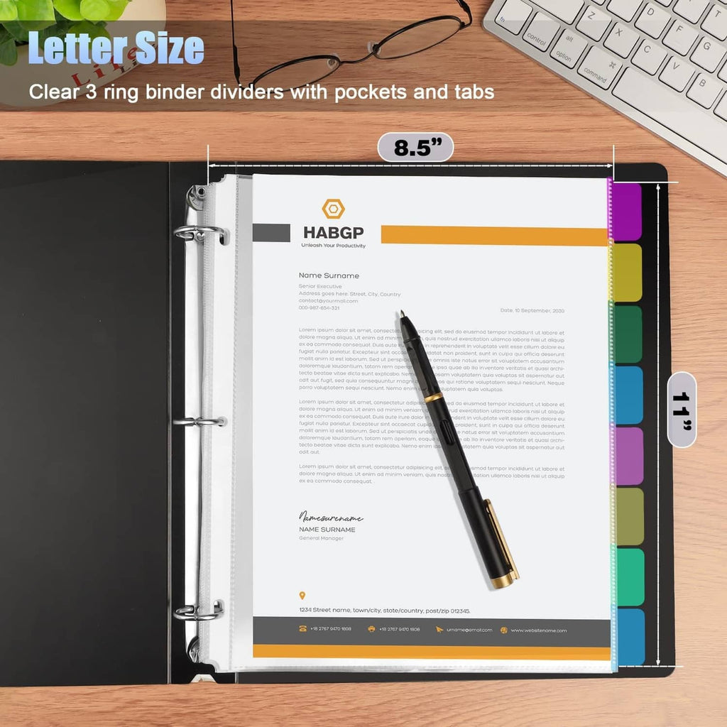 Clear binder sheet protector with multicolor tabbed edges, letter size