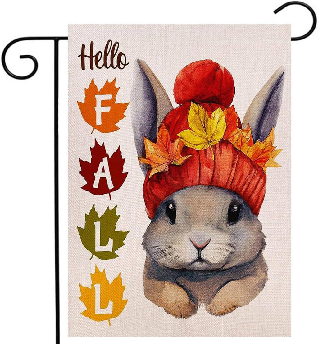 Hello Fall rabbit garden flag centered with 'Hello' letters, red hat, and autumn leaves