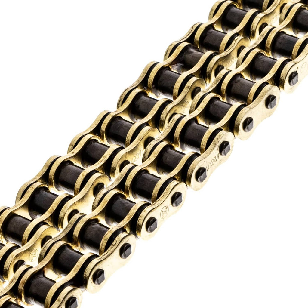 Gold X-ring drive chain links with alternating black and gold rollers