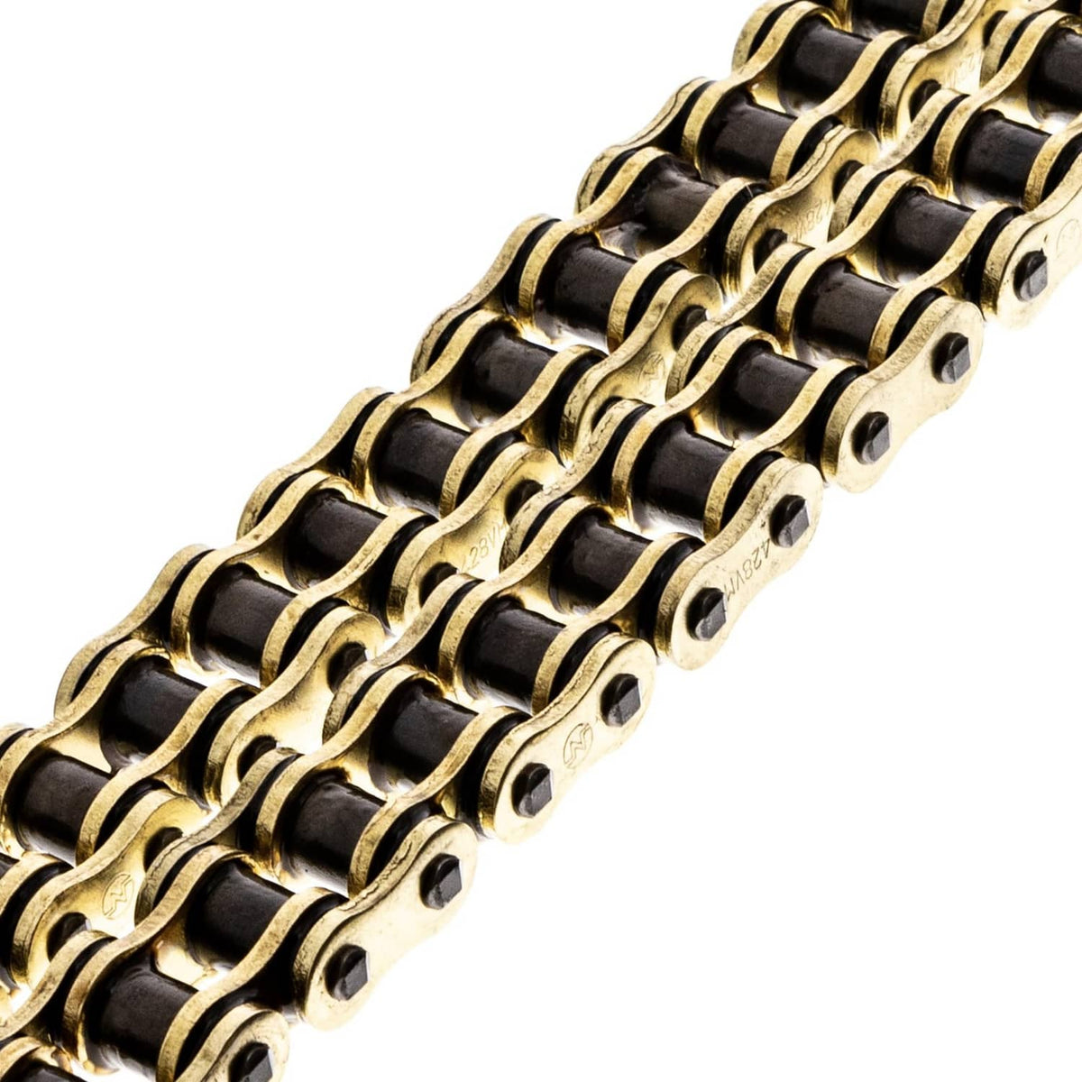 Gold X-ring drive chain links with alternating black and gold rollers