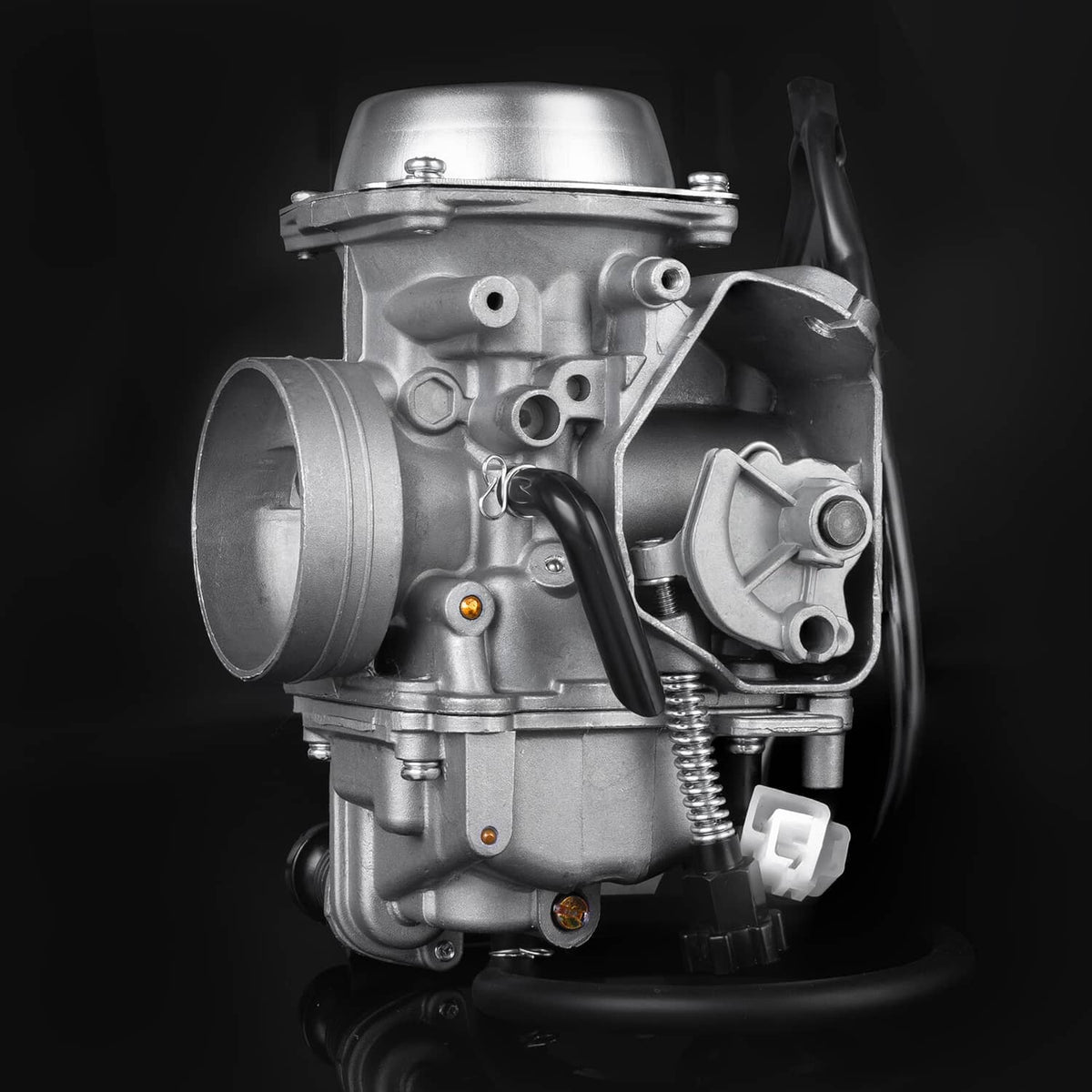 Metal carburetor with intake and throttle linkage, side mounted ports