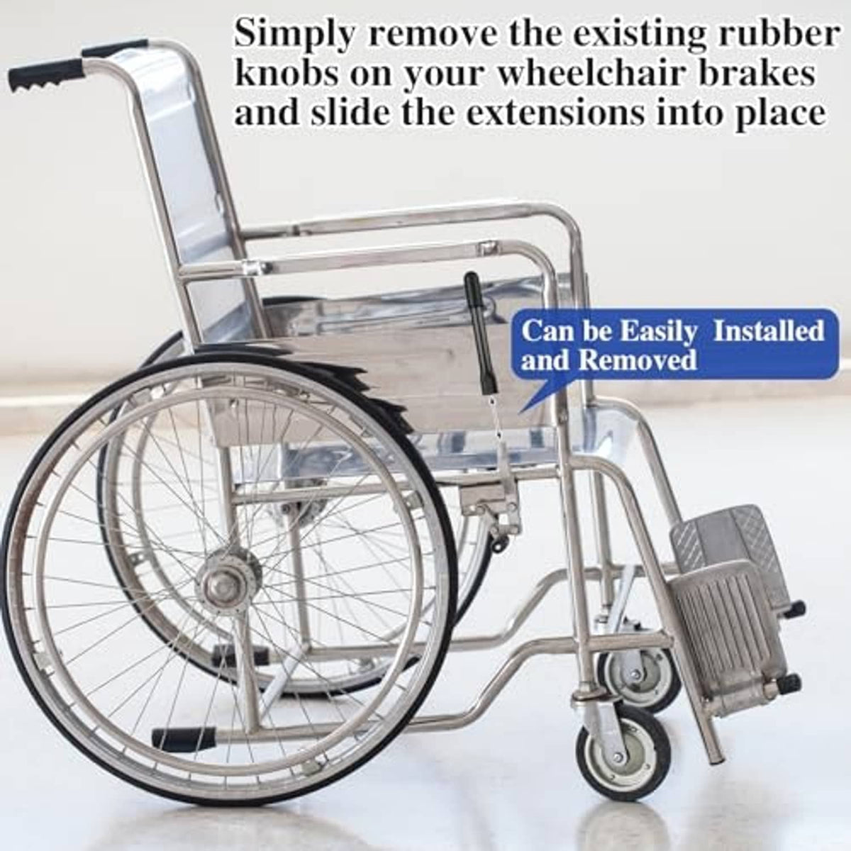 Wheelchair brake handle extensions being installed and removed on brake levers.