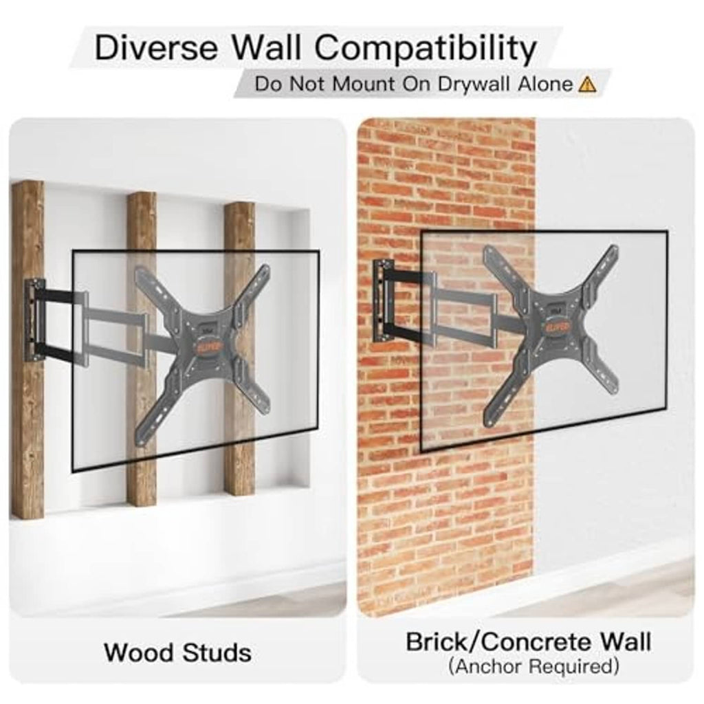 Black TV wall mount shown for wood studs and brick/concrete wall installation