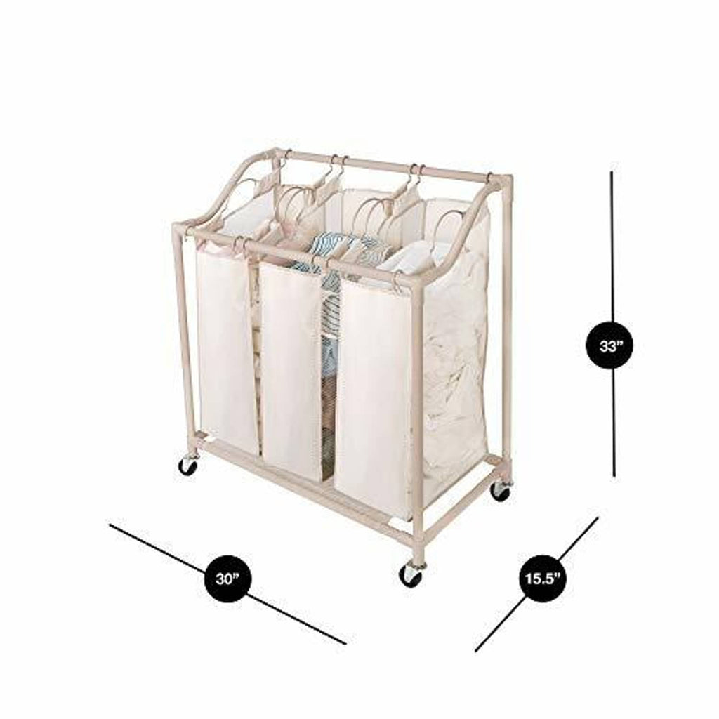 Three-compartment rolling laundry hamper with measured height and width on casters