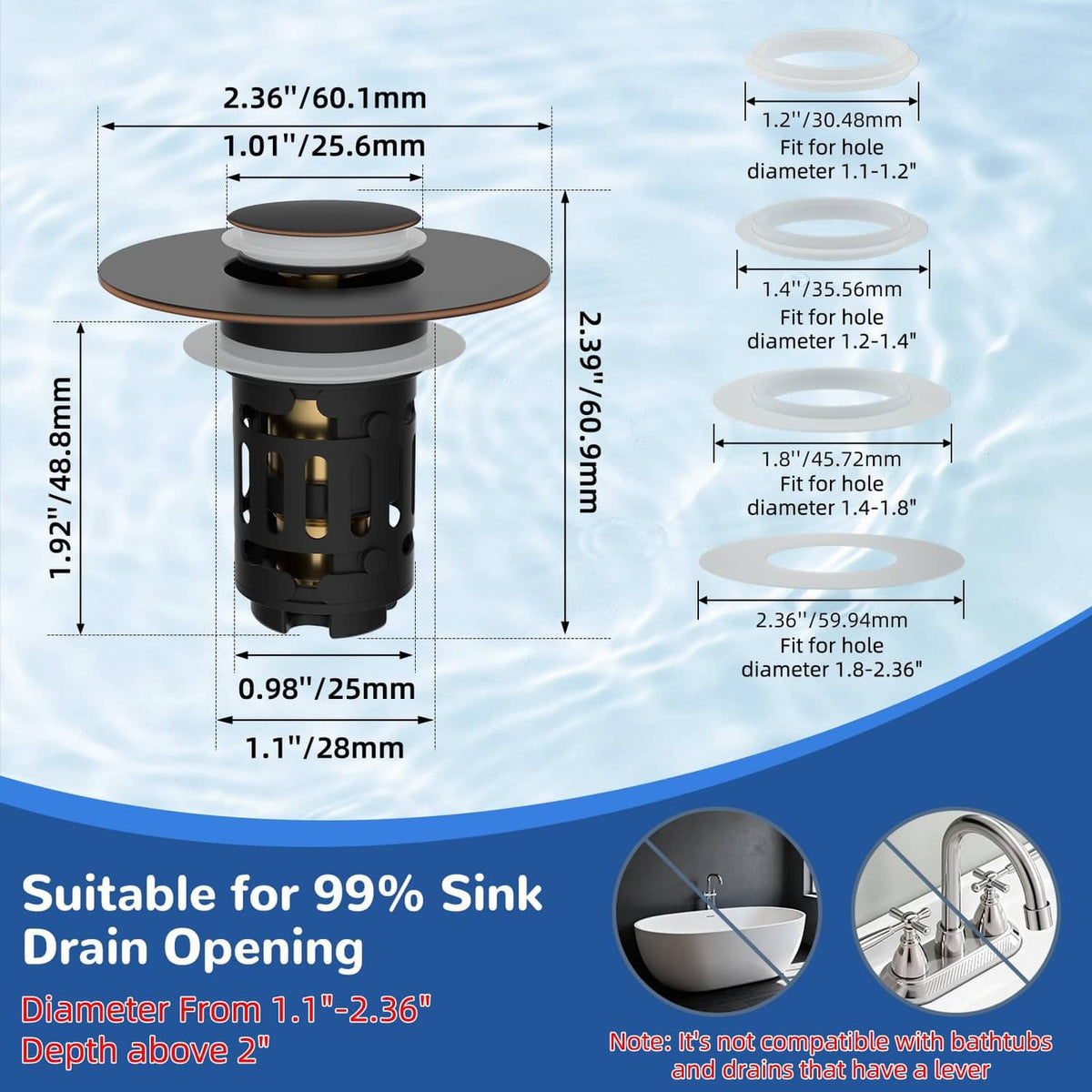 Black bathroom sink pop-up drain strainer with oil-rubbed bronze center and basket
