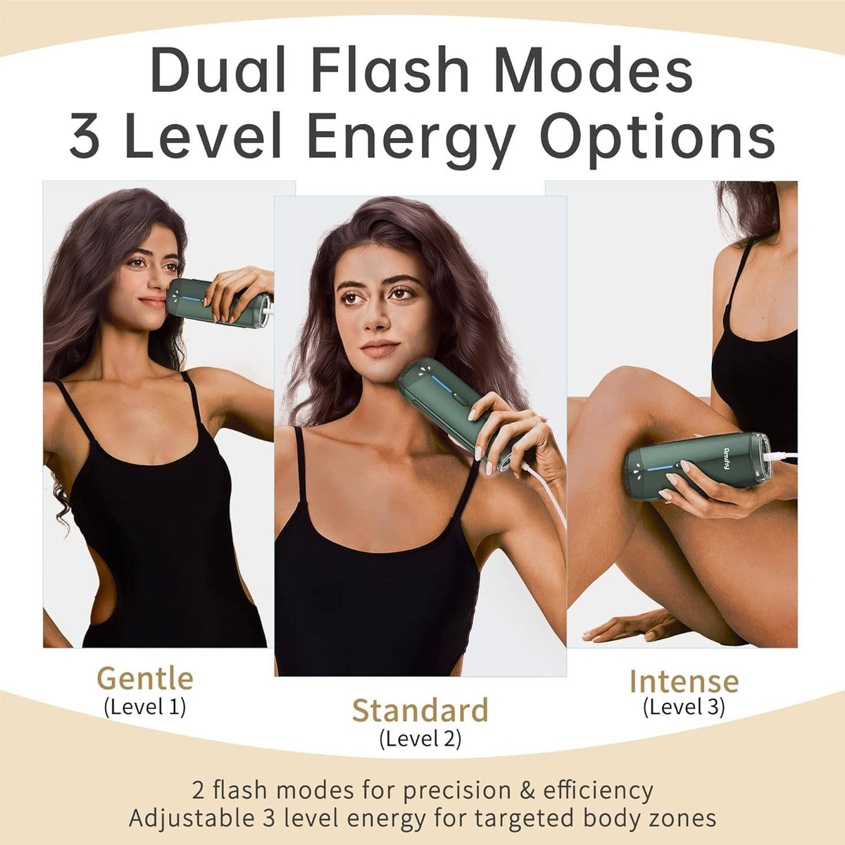Green IPL hair removal device held for treatment on skin