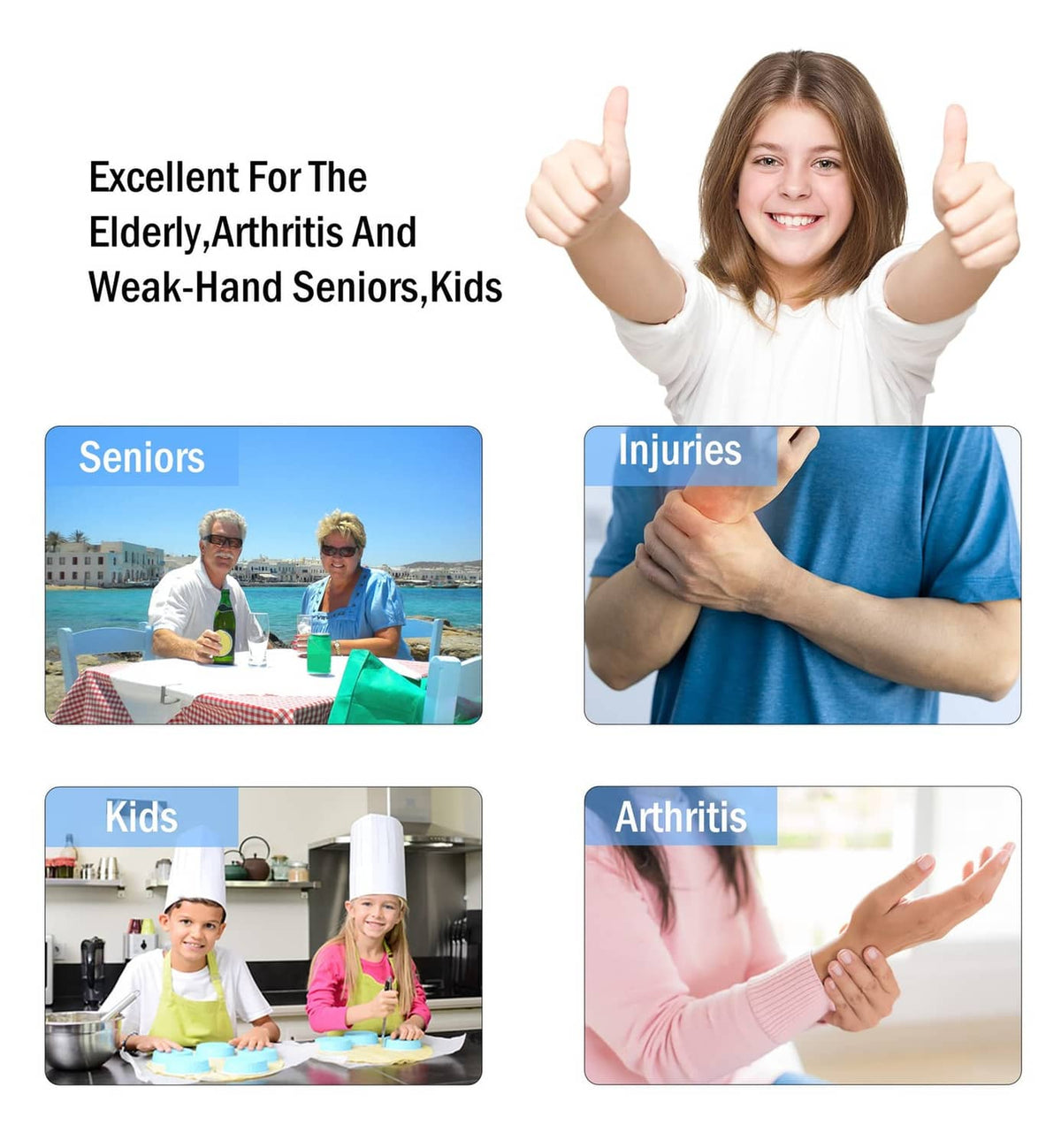 Blue jar opener shown in lifestyle infographic with thumbs-up and senior use icons