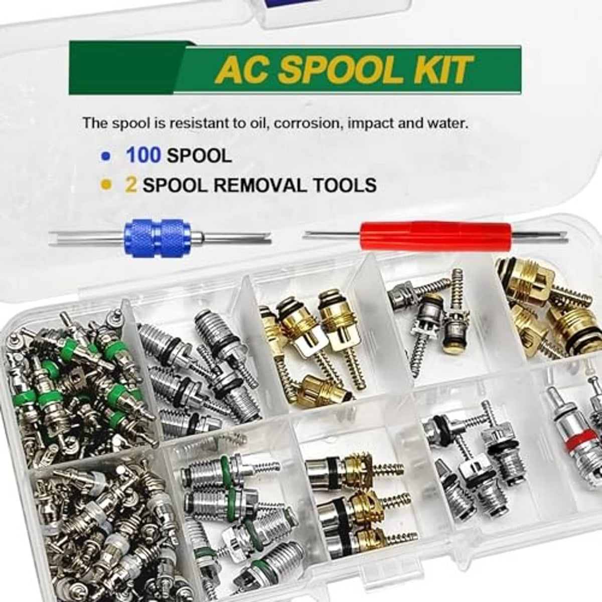 AC spool kit organizer with blue and red handle removal tools and mixed metal spools