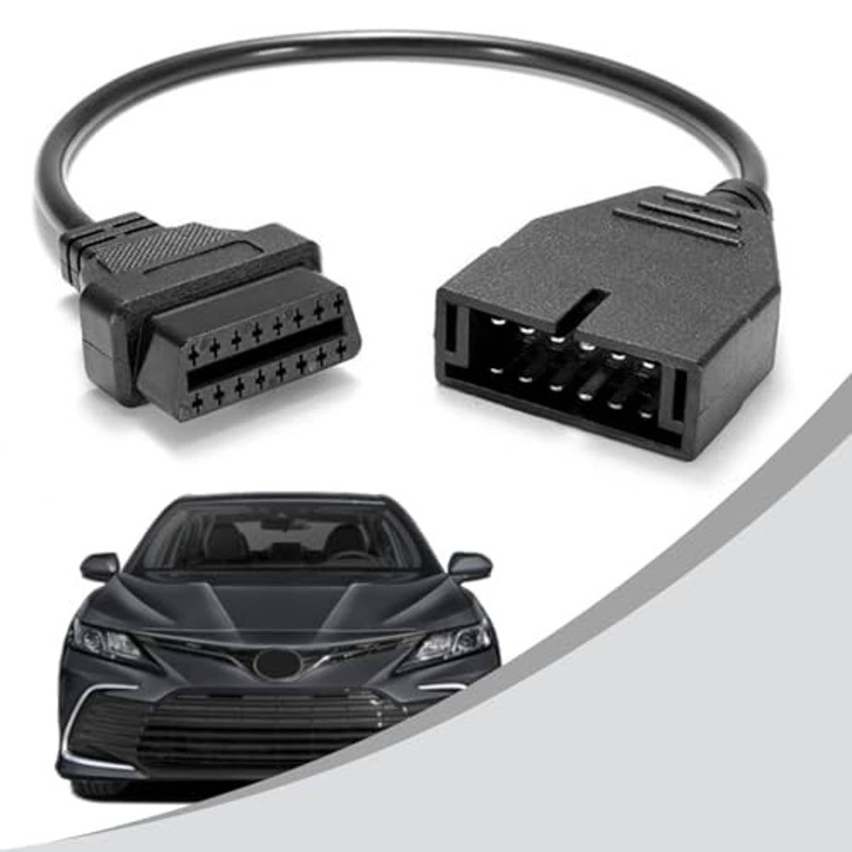 Black OBD adapter cable with two molded connector blocks, 12-pin and 16-pin