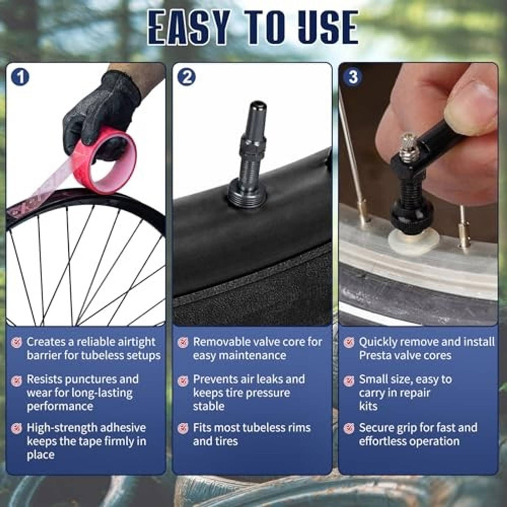 Tubeless tire sealant kit instructions panel with rim tape and valve stem pieces