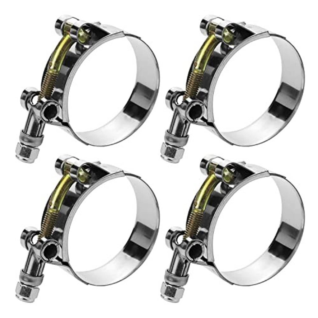 Set of four T-bolt hose clamps, chrome band with spring steel strap and bolt caps