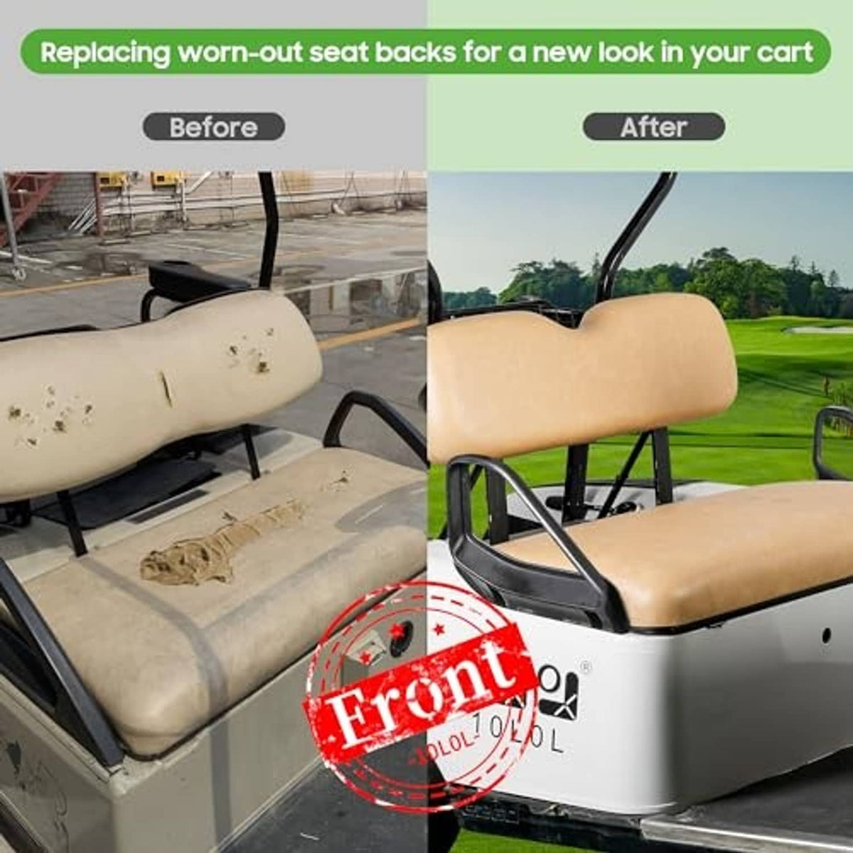 Tan golf cart front seat backrest and seat cushion on a cart frame