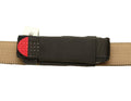 Black elastic tourniquet holder for belts with hook-and-loop closure and flap