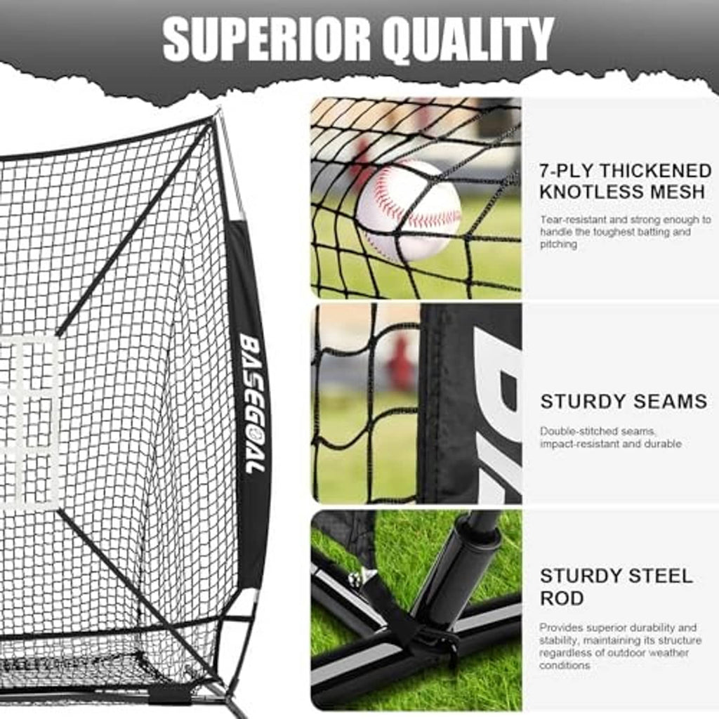 Baseball practice net details: white mesh, black steel frame rods, reinforced seams