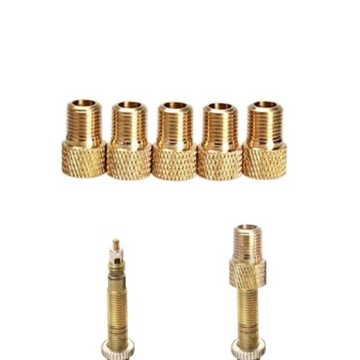 Five brass Presta-to-Schrader adapters with textured grip sleeves