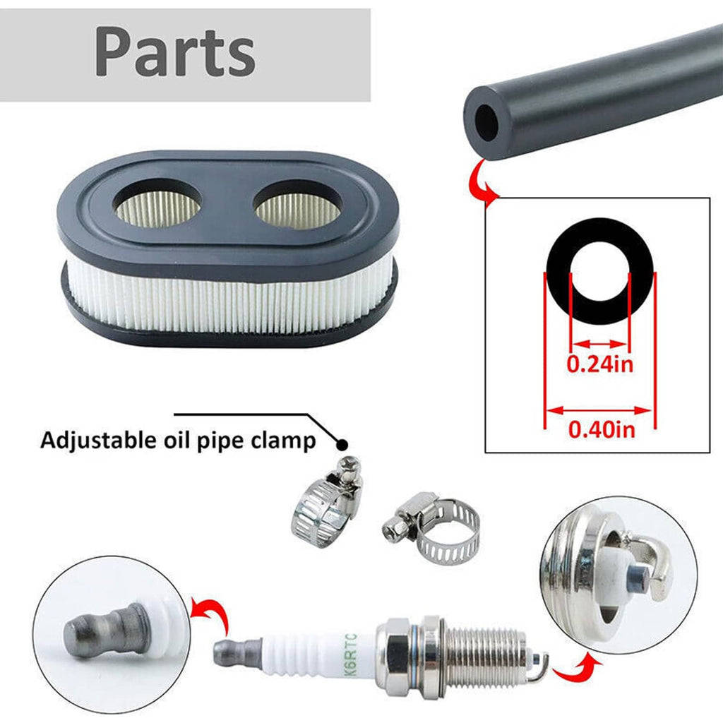 Carburetor service parts set with round air filter element, spark plug, and clamps