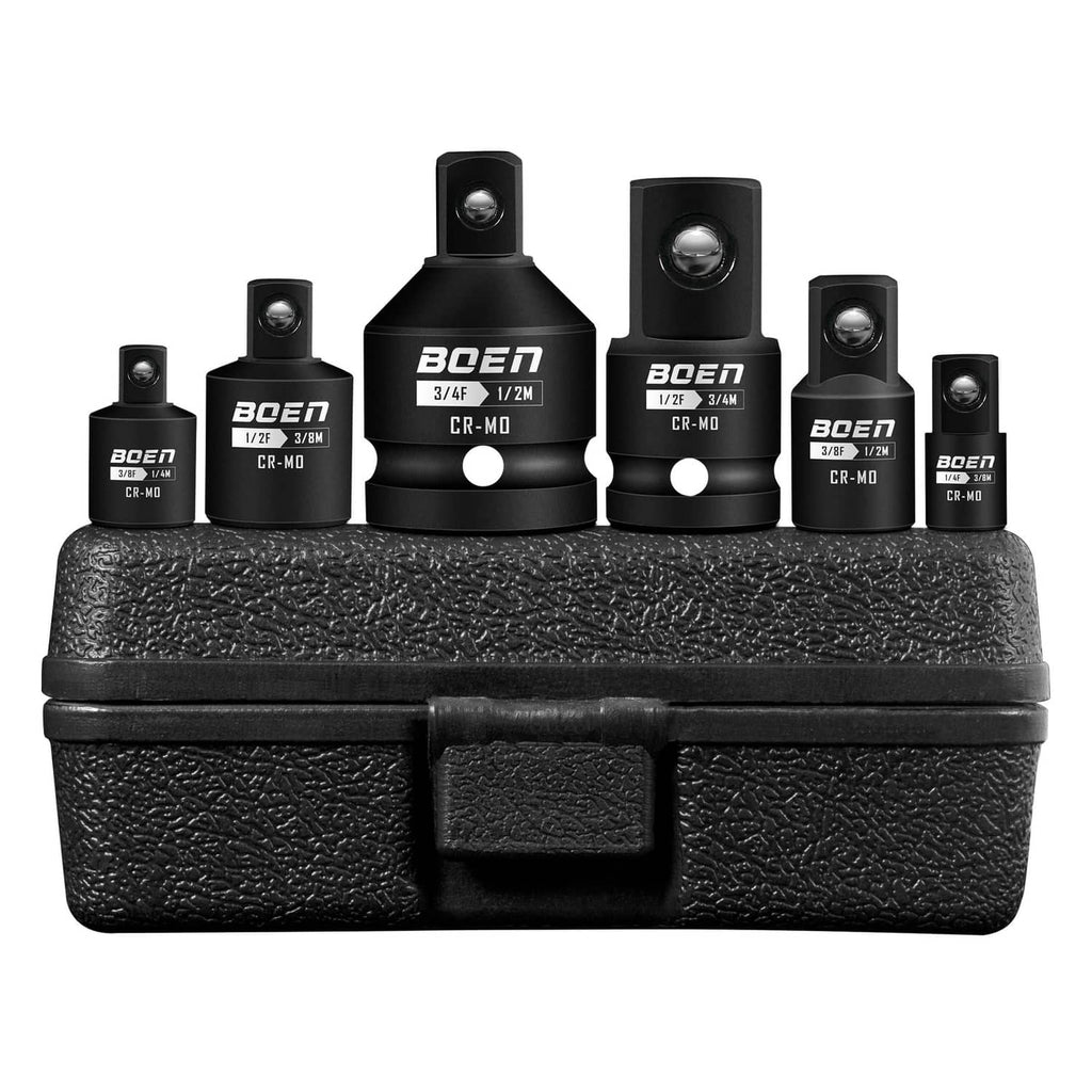 Impact socket adapter set with six black CR-MO reducers on a textured storage case