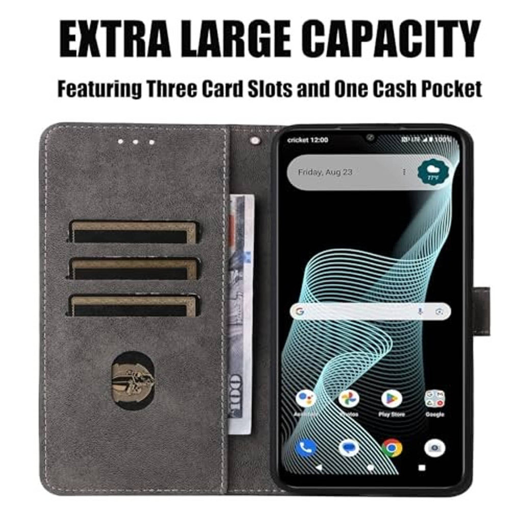 Gray wallet folio phone case with three card slots and one cash pocket; open front.