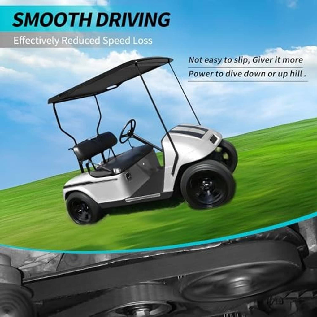 Black ribbed drive belt for a golf cart, shown with smooth-driving graphic