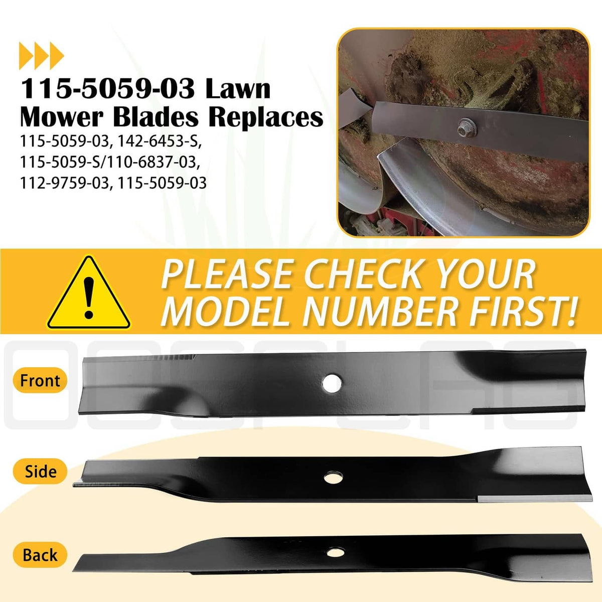Toro lawn mower blade set, 3 black steel blades with mounting bolts and holes