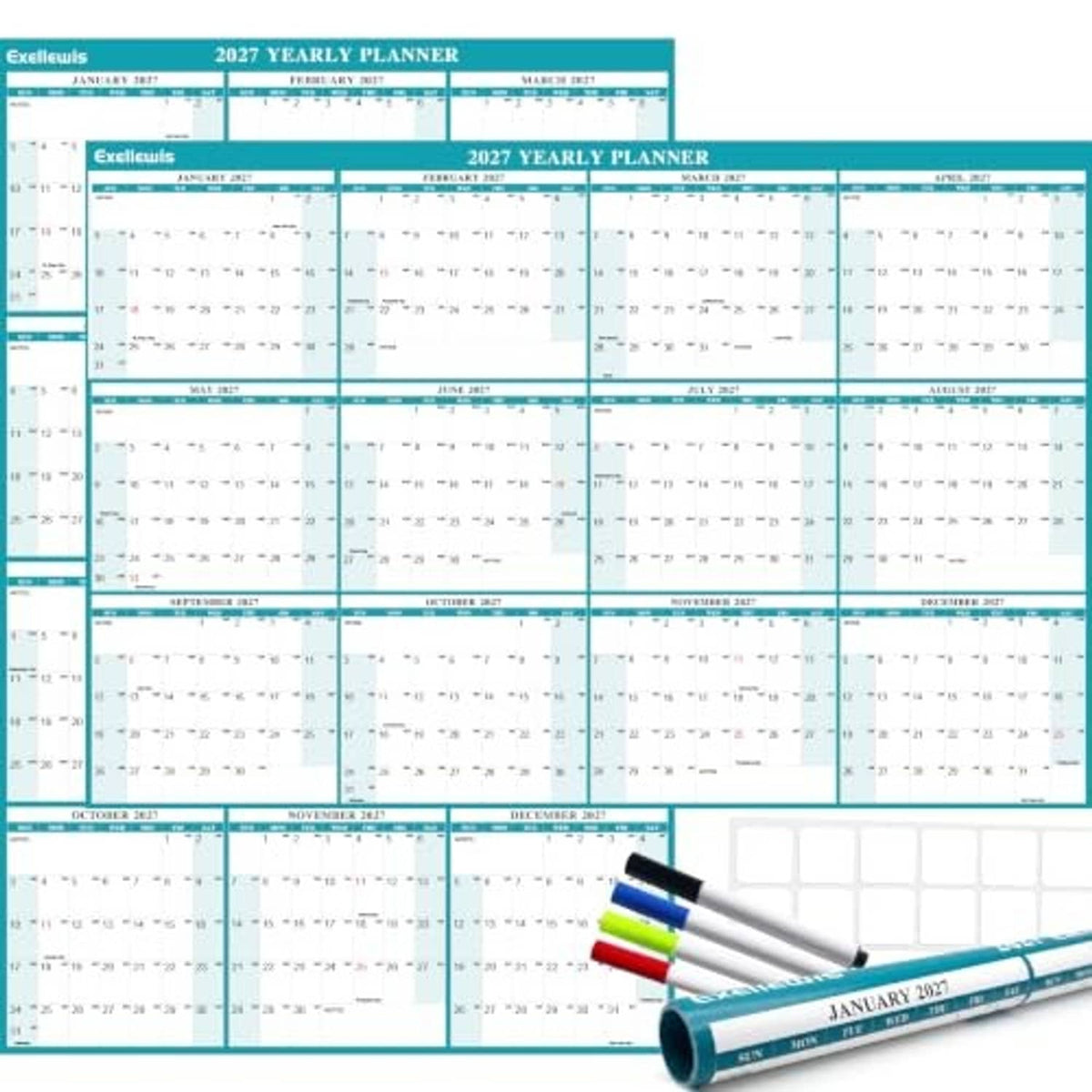 Teal yearly wall calendar planner with monthly grid layout for wet/dry erase use