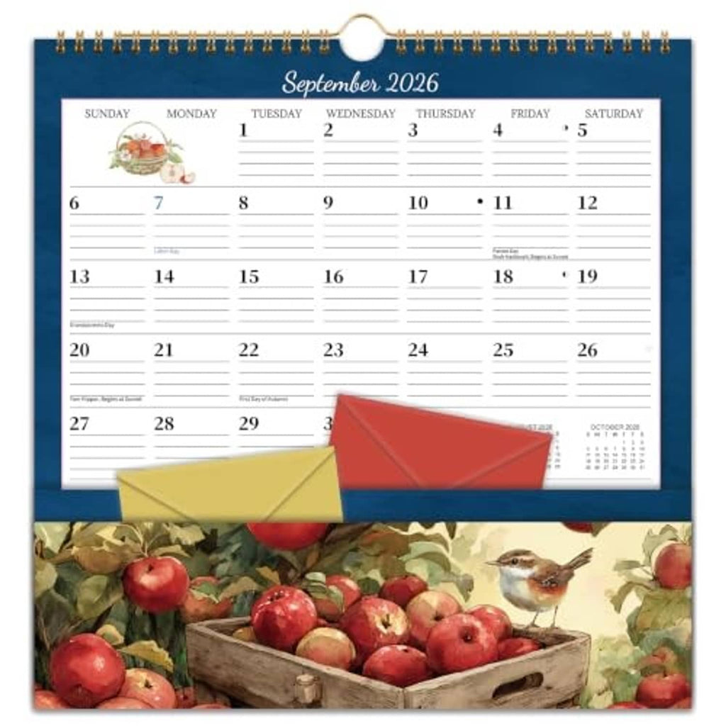 Blue wall calendar with pocket and red envelope pouch, September 2026 date grid