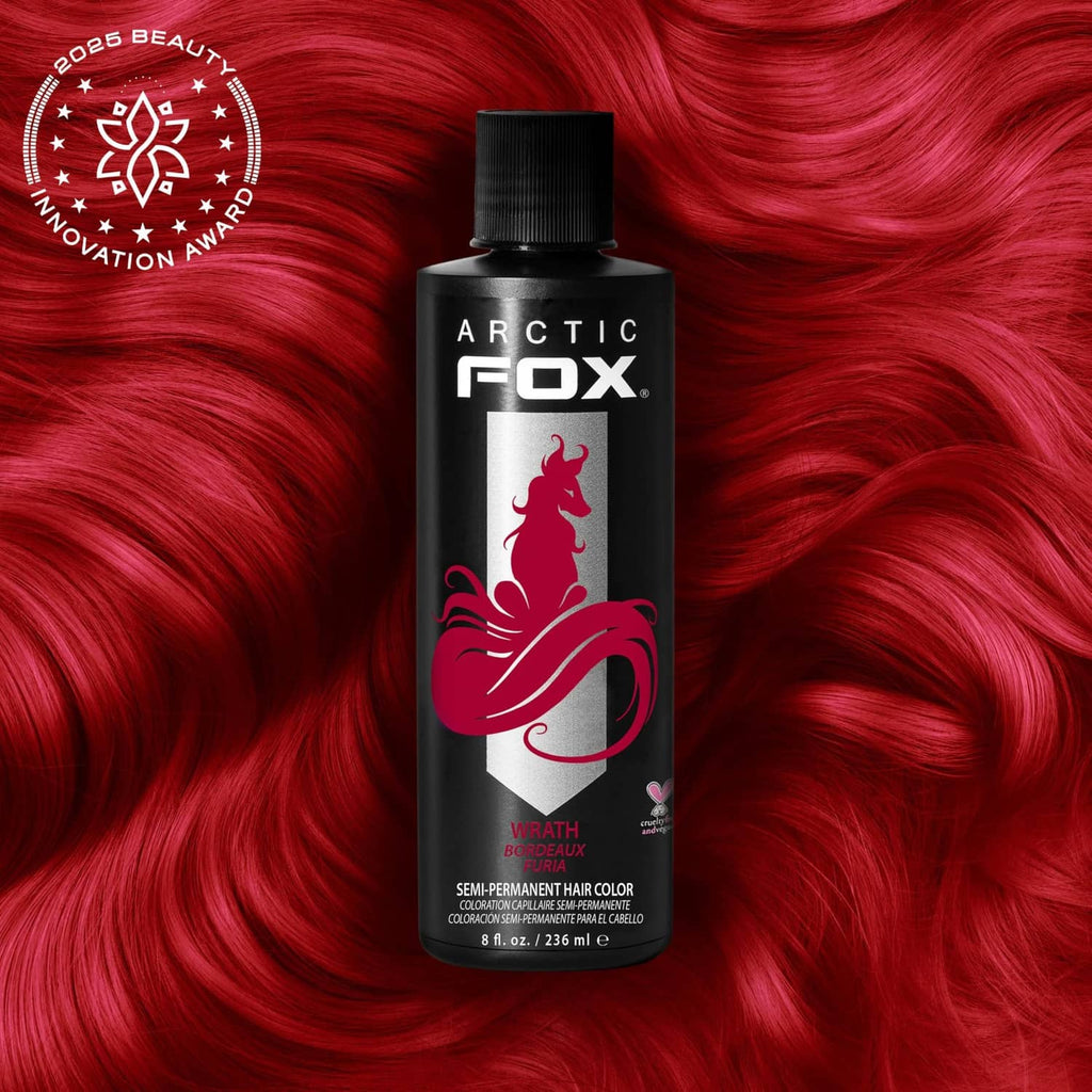 Semi-permanent hair dye bottle, ARCTIC FOX Wrath red, black cap; red hair shown